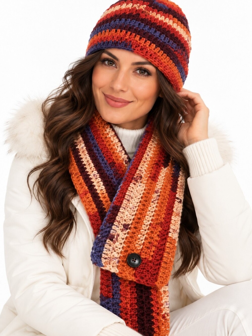 Vintage Handmade Crochet Beanie & Scarf Set Multicolor Striped Winter Set